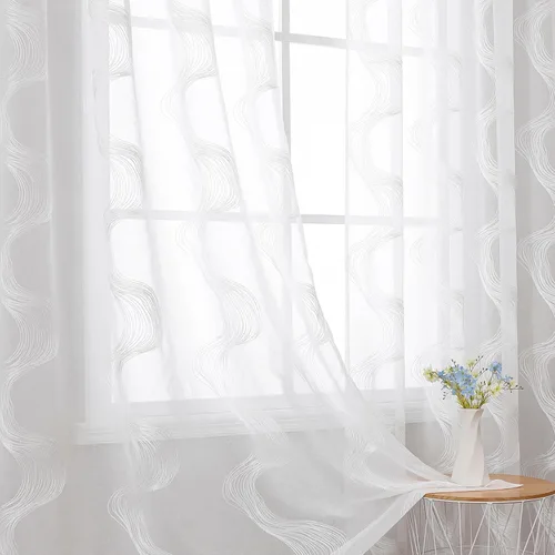 Miniatura 49 de VISIONTEX Cortinas traslúcidas blancas de 63 pulgadas de largo, juego de 2 paneles de bordado marroquí con puntos beige, tela de gasa bordada