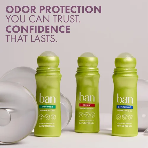 Miniatura 8 de Ban Desodorante Antitranspirante Roll-on Invisible para Mujeres y Hombres, Protección contra Olor y Sudor de Axilas de 24 Horas, Satin Breeze, 3.5