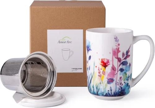 Miniatura 8 de Taza de Té de Porcelana AmorArc con Infusor y Tapas, Taza Grande de 18 Oz con Filtro con Soporte para Bolsa de Té de Hojas Sueltas, Taza para Salvia