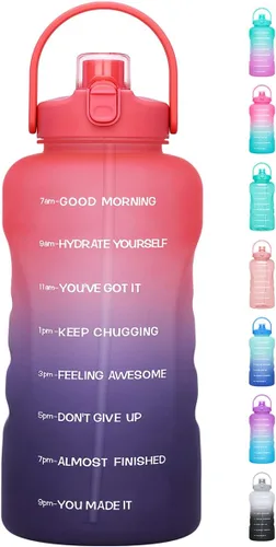 Miniatura 8 de Botella de agua de un galón con popote, 128 onzas (3.8 L), libre de BPA - Innovadora botella deportiva con tapa 2 en 1 con recordatorios Jacaranda