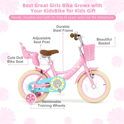 Miniatura 4 de Glaf Bicicleta para niñas de 12, 14, 16, 20 pulgadas, con ruedas de entrenamiento para niños de 2 a 12 años, bicicleta con cesta y asiento