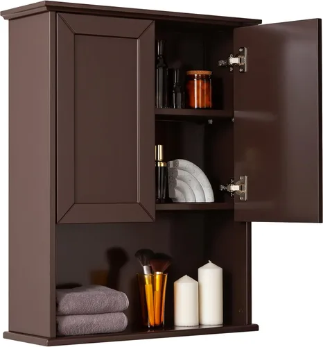 Miniatura 15 de VANIRROR Armario de pared de baño negro de 23 x 29 pulgadas, botiquín de madera con 2 puertas y estante ajustable, armario montado en la pared sobre