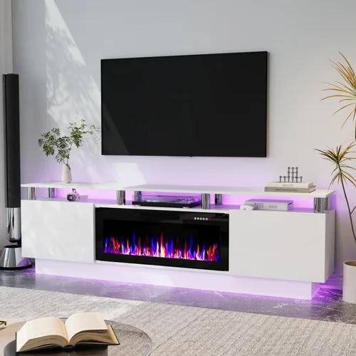 Miniatura 9 de Soporte de TV con chimenea de 36 pulgadas, soporte de TV negro de 70 pulgadas para sala de estar, moderno soporte de TV con chimenea eléctrica