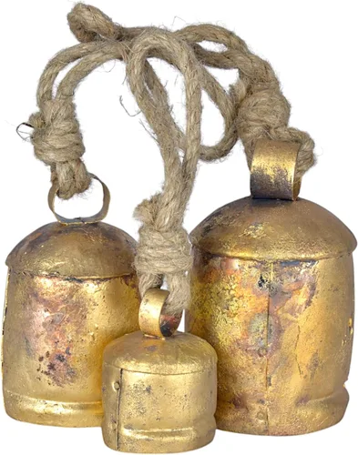 Juego de 3 campanas de vaca de metal rústico, decoración colgante con cuerda de yute, adorno vintage dorado para Navidad, coronas, uso en interiores