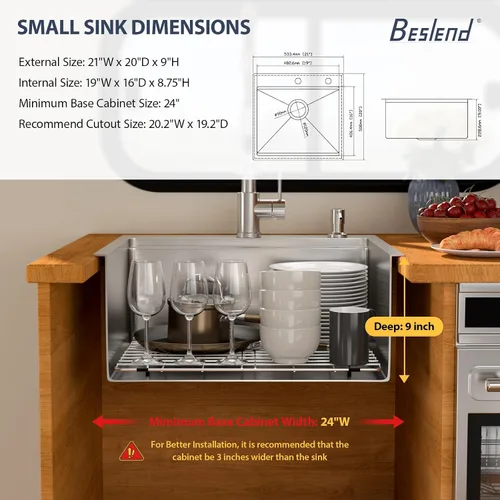Miniatura 7 de Fregadero de cocina para exteriores, 21 x 20 pulgadas, fregadero de barra para exteriores, fregaderos de cocina de acero inoxidable de montaje
