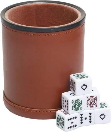 Taza de dados de cuero sintético con dados de póquer, con forro de fieltro, agitador silencioso para jugar dados Yahtzee/Farkle/Liars, Marrón con
