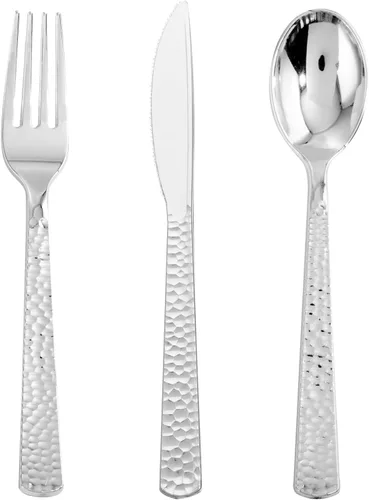 Nervure 300 cubiertos de plástico plateado – cubiertos de plata desechables – Los utensilios de plástico martillado incluyen 100 tenedores, 100