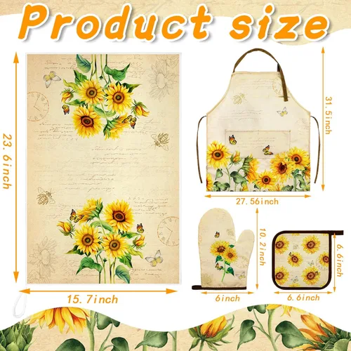 Miniatura 3 de Bencailor Juego de ropa de cocina de girasol de 7 piezas, incluye delantal, 2 toallas, guante de horno, 2 soportes para ollas, núcleo de cabaña
