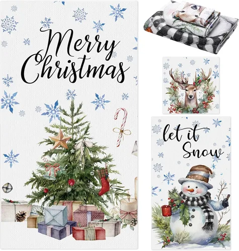 Miniatura 32 de Preboun Juego de 3 toallas de baño navideñas de gnomo, toallas de mano con árbol de Navidad, toallas de baño con copos de nieve de invierno, toallas