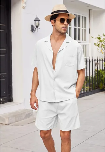 Miniatura 3 de COOFANDY Camisas de lino de manga corta con botones para hombre, conjunto corto hawaiano de playa de 2 piezas