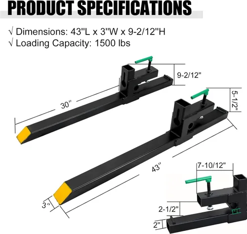 Miniatura 2 de Horquillas para palets de 43 pulgadas, 1500 libras máximo, horquillas de tractor con abrazadera para tractor, accesorio de carga frontal resistente