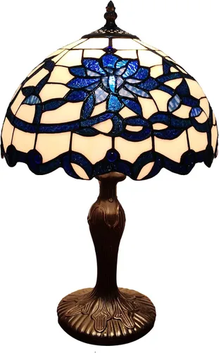 Gracie - Lámpara de mesa estilo Tiffany (12.0 in), color azul/blanco, diseño de flores