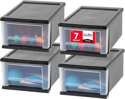 IRIS USA SD-22 - Cajón apilable de plástico, paquete de 4 organizadores de almacenamiento, 7 cuartos de galón, color negro, 4 unidades