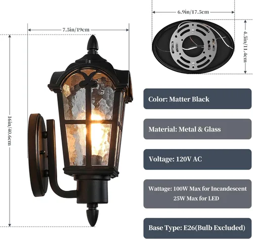 Miniatura 6 de Lámparas de pared para exteriores de gran tamaño de 16 pulgadas, para montaje en pared, faroles impermeables para exteriores, apliques exteriores