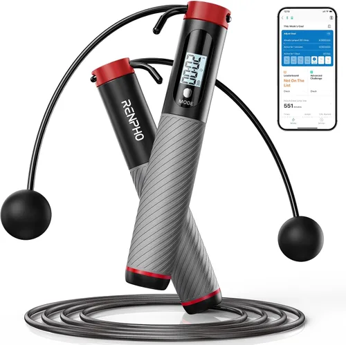 RENPHO Cordless Jump Rope, Weighted Jump Rope with Counter, Jump Ropes for Fitness, Smart Skipping Rope for Crossfit b-Gris