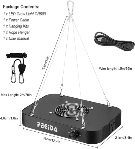 Miniatura 8 de FECiDA Luz LED de crecimiento equivalente a 600 W, luz de espectro completo de 65 W, 0 a 100% regulable, cadena de margarita, ventilador