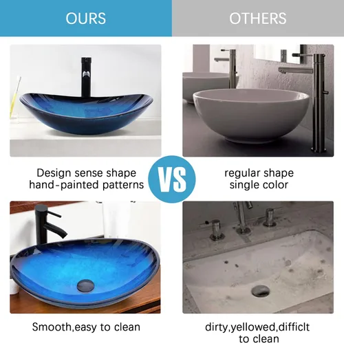 Miniatura 6 de Lavabo de Recipiente Lavabos de Baño Vidrio Templado Azul Cuenca de Arte 20.8"x13.7" Cuenco Ovalado Sobre Encimera con Grifo y Desagüe Pop-Up Combo