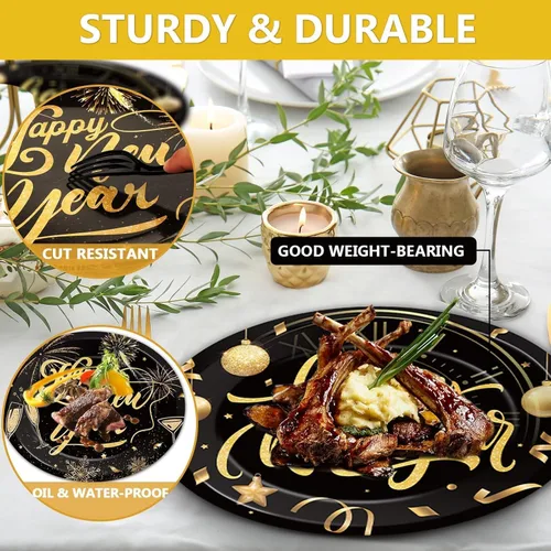 Miniatura 4 de 50 platos ovalados de papel de feliz año nuevo de 11 pulgadas, grandes, resistentes, negro y dorado, decoraciones de fiesta de Año Nuevo 2026
