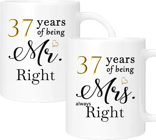 Juego de 2 tazas de café para el 37 aniversario, regalos de boda para parejas, padres, abuelos, hombres, mujeres, marido, esposa, él, ella, caja de