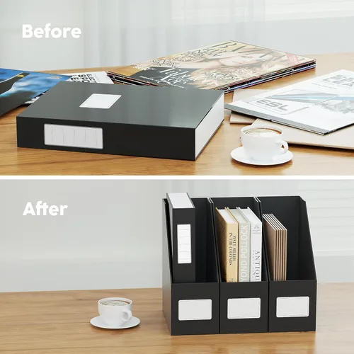 Miniatura 3 de JiaWei - Portarevistas negros, 3 paquetes de resistente estante de cartón, caja de archivo de organización de escritorio para estantes y escritorio