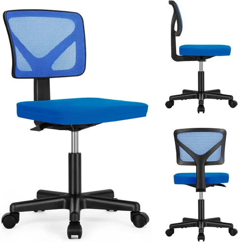 Miniatura 6 de Sweetcrispy Silla de oficina, ergonómica, de malla con respaldo bajo, giratorias, con ruedas, asiento cómodo sin brazos, soporte lumbar para el Azul