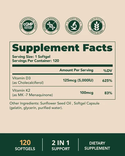 Miniatura 7 de Vitamina D3 K2 5000IU 100mcg MK-7, 120 cápsulas blandas, sin gluten, suplemento de vitamina K2 D3 2 en 1 para la salud ósea y cardíaca, apoyo