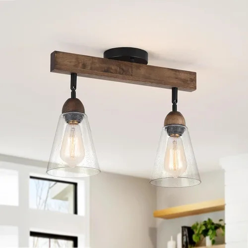 Miniatura 11 de Lámpara de techo rústica de cristal empotrado, mini pantalla de vidrio transparente y madera de roble, lámpara de techo semiempotrada para cocina