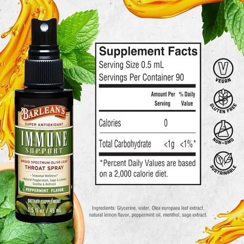 Miniatura 5 de Barlean's Olive Leaf Complex - Spray para la garganta, suplemento de apoyo inmunológico con menta, limón y salvia para aliviar la picazón