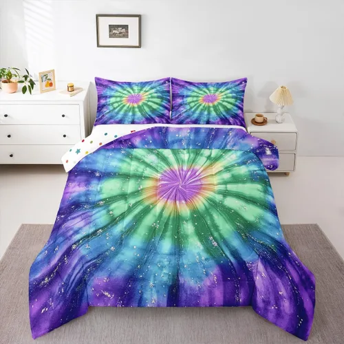 Miniatura 11 de Erosebridal Juego de edredón de teñido anudado psicodélico en espiral, tamaño individual, juego de ropa de cama bohemio con remolinos de acuarela
