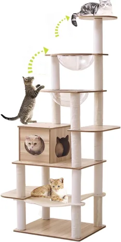 Miniatura 8 de Árbol de madera para gatos de 61 pulgadas con condominio para gatos, postes rascadores de escaleras para gatos, 2 cuencos, postes rascadores