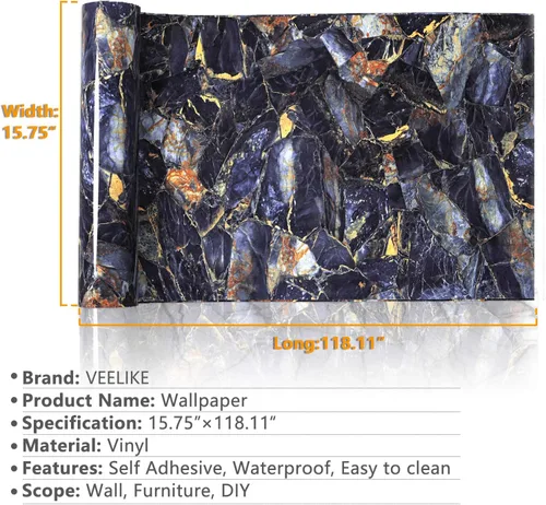 Miniatura 9 de VEELIKE Papel adhesivo de mármol azul marino dorado de lujo para encimeras, impermeable, despegar y pegar, papel tapiz de granito de 15.7 x 118