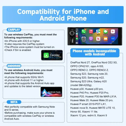 Miniatura 9 de Estéreo de Automóvil de Un Solo DIN, Radio con Pantalla Táctil HD IPS de 6.36 Pulgadas CarPlay y Android Auto con Bluetooth con Cámara de Respaldo