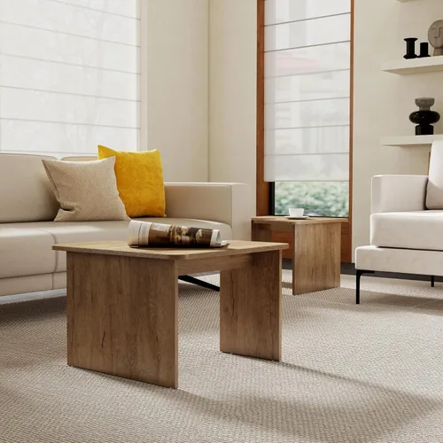 Miniatura 6 de Juego de 2 mesas de centro anidables modernas, de madera natural, en forma de L, para sala de estar, mesa auxiliar pequeña con mesa central ligera