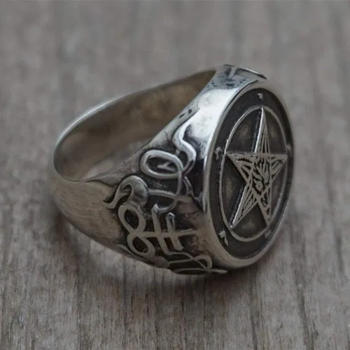 Miniatura 3 de Anillo de sello vintage para hombre, anillo de pentagrama, anillo de acero inoxidable de Baphomet, anillo gótico satánico, anillo punk