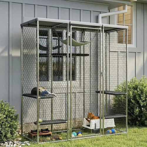 Miniatura 4 de PawHut Catio - Caja grande para gatos al aire libre, patio para gatos de acero galvanizado para múltiples gatitos, jaula para gatos al aire libre