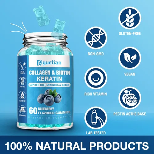 Miniatura 6 de Gomitas de biotina de 15000 mcg con colágeno para adultos, mujeres y hombres - Gomitas para cabello, piel y uñas con biotina - Colágeno para mujer