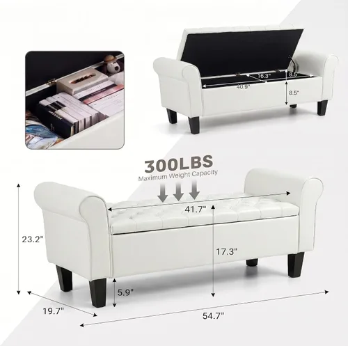 Miniatura 2 de ECOTOUGE Banco otomano de almacenamiento de 55 pulgadas para sala de estar, banco de pie de cama con brazo enrollado, otomano de cuero con Blanco