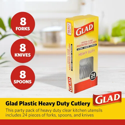 Miniatura 2 de Glad Juego de cubiertos desechables transparentes con tenedores, cuchillos y cucharas de plástico resistente, utensilios de plástico reutilizables