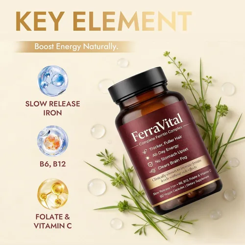 Miniatura 4 de Suplemento de hierro de apoyo de ferritina para mujeres, soporta niveles saludables de hierro y energía, con glicina ferrosa, vitamina C, B12, B6