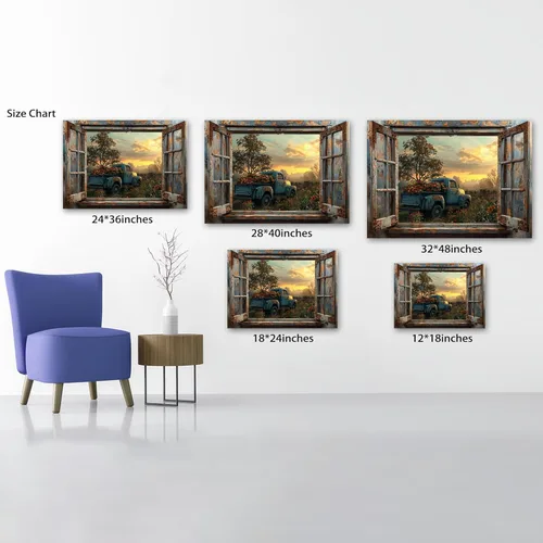 Miniatura 3 de Decoración rústica de granja en lienzo con ventana abierta, impresiones artísticas para pared, pintura de camión viejo, lienzo de granero y bandera