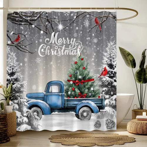 Miniatura 4 de GCTNBJL Cortina de ducha de invierno de Navidad, camión rojo y azul, árbol de Navidad, bosque gris, naturaleza, rústico, feliz Navidad, 36 x 70