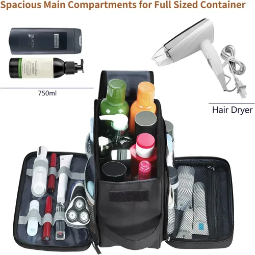 Miniatura 2 de Neceser grande para hombres, organizador de artículos de tocador de viaje de cuero PU, kit Dopp, bolsa de afeitar resistente al agua para artículos