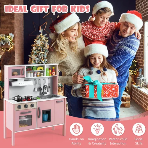 Miniatura 6 de Costzon Juego de cocina para niños, juego de cocina de madera con sonido, microondas, horno, máquina de hielo, campana extractora, estufas