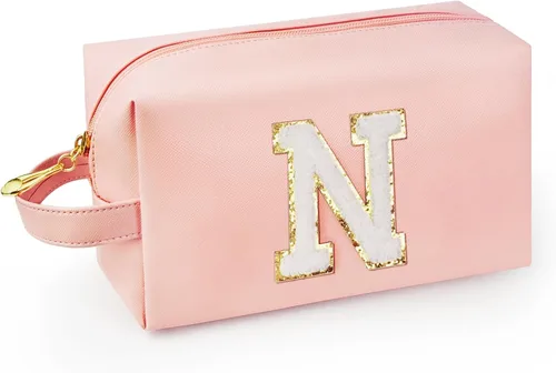 Miniatura 56 de Bolsa de maquillaje personalizada con inicial con asa, bolsa de cosméticos de preparación con bolsillo interior con cremallera, 8, 9, 10, 11, 12