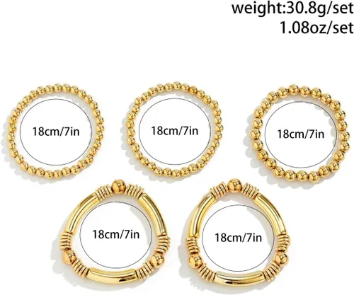 Miniatura 6 de Juego de 5 pulseras de cuentas de oro para mujer, juego de pulseras apilables de bolas de cuentas chapadas en oro de 14 quilates, pulseras