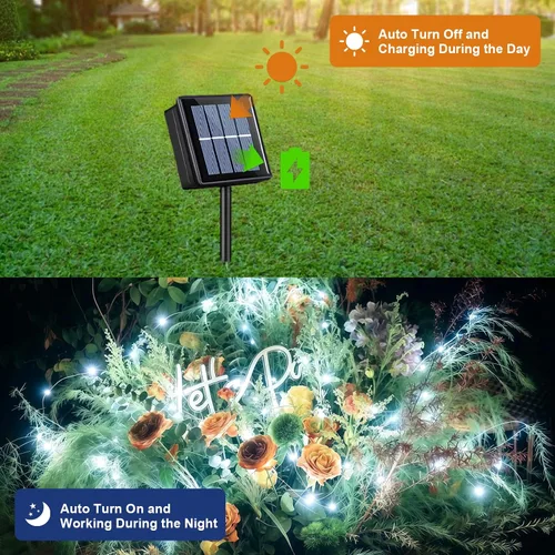 Miniatura 4 de QITONG Guirnalda de luces solares impermeables para exteriores, paquete de 2 unidades de 200 luces LED blancas de Navidad de 66 pies, cable Blanco