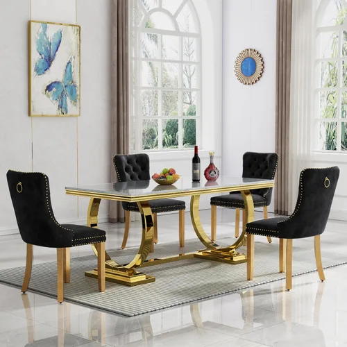 Miniatura 50 de HomVent Juego de mesa de comedor moderna de mármol sintético para 4 personas, mesa de cocina rectangular con 4 sillas beige (dorado)