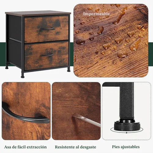 Miniatura 7 de Mesita de noche, cómoda pequeña de 2 cajones mesa auxiliar muebles de cabecera, contenedores de tela con superficie de madera para dormitorio, Marrón