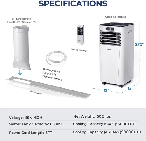 Miniatura 6 de COSTWAY - Aire acondicionado portátil, enfriador de aire de 10000 BTU con secado, ventilador, modo de suspensión, 2 velocidades, función de Blanco