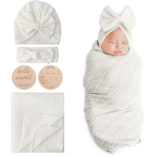 Miniatura 18 de DRESHOW BQUBO Mantas envolventes para bebés niñas, juego de 4 accesorios para recién nacidos con gorro a juego y cinta con moño con tarjeta de 1